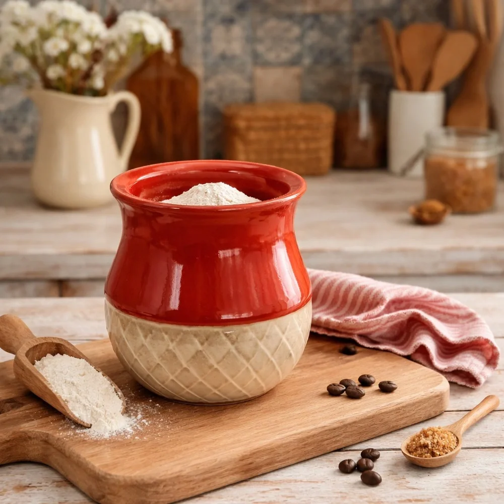Vintage Stoneware Canister Red Tan Basket Weave Retro 1970s Kitchen Jar